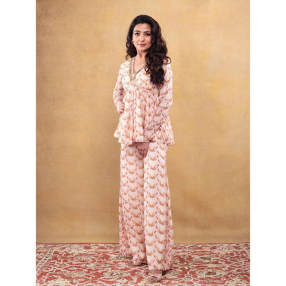 Vama Asher Blush Motif Peplum Beige Kurti With Palazzo (Set of 2)