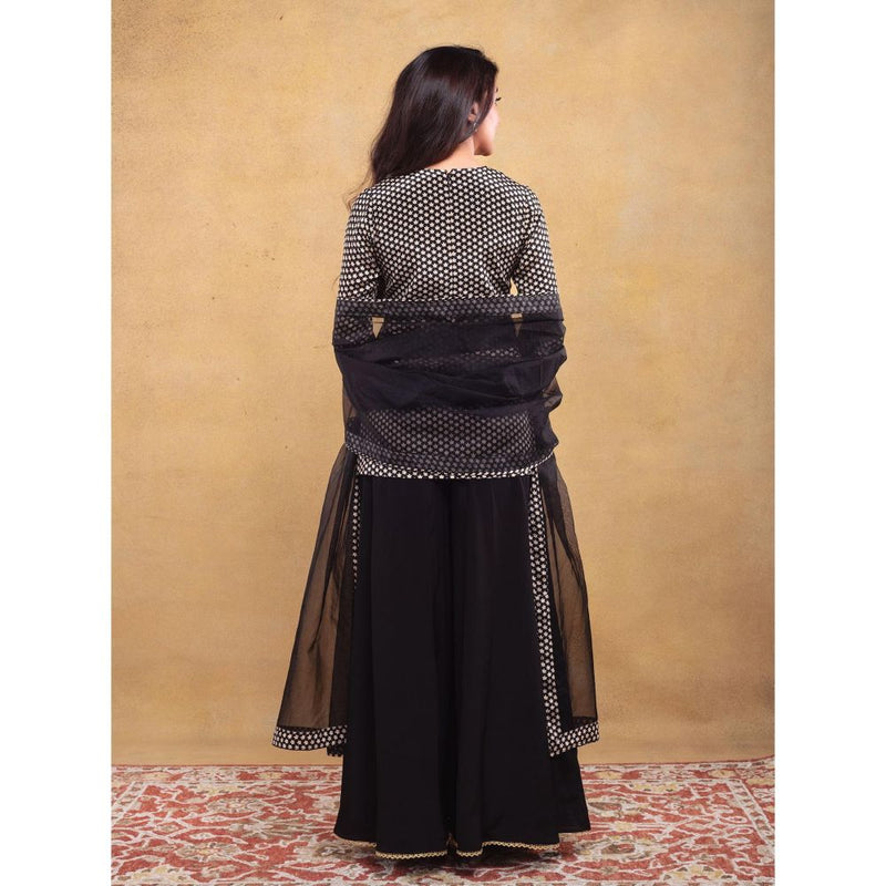 Vama Asher Black Butti Sharara With Kurti And Dupatta (Set of 3)