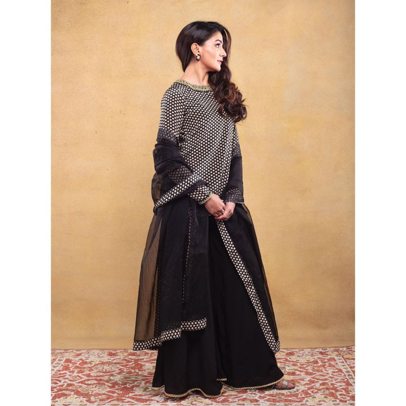 Vama Asher Black Butti Sharara With Kurti And Dupatta (Set of 3)