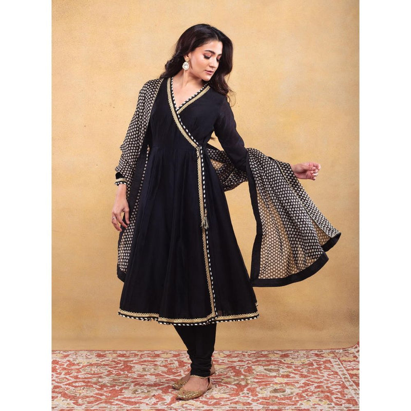 Vama Asher Black Angrakha Kurta With Churidar And Dupatta (Set of 3)