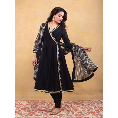 Vama Asher Black Angrakha Kurta With Churidar And Dupatta (Set of 3)