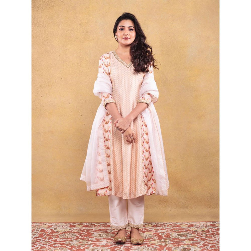 Vama Asher Blush Motif Kali Beige Kurta With Pant And Dupatta (Set of 3)