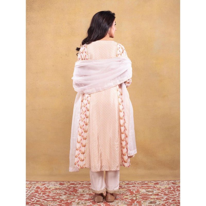 Vama Asher Blush Motif Kali Beige Kurta With Pant And Dupatta (Set of 3)
