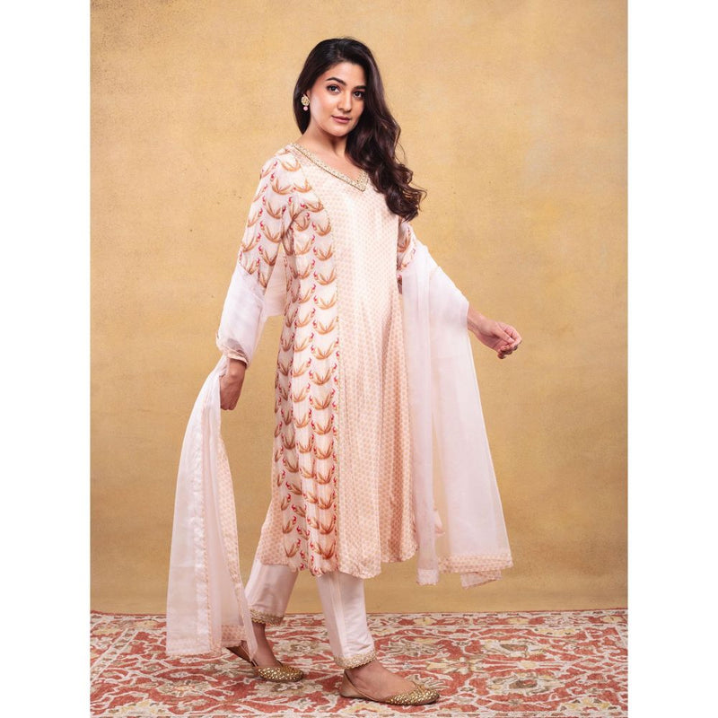 Vama Asher Blush Motif Kali Beige Kurta With Pant And Dupatta (Set of 3)