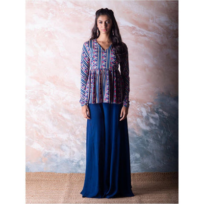 Vama Asher Navy Bird Stripe Peplum Top With Palazzo (Set of 2)