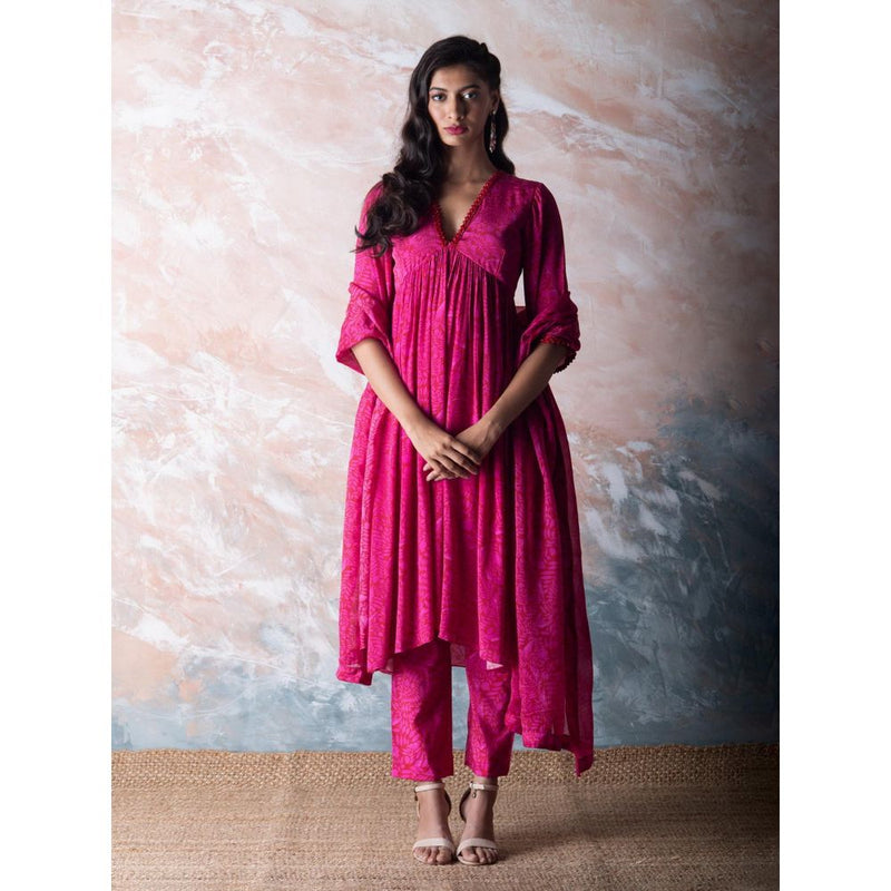 Vama Asher Cerise Pink Pomegranate Kurta With Pant And Dupatta (Set of 3)