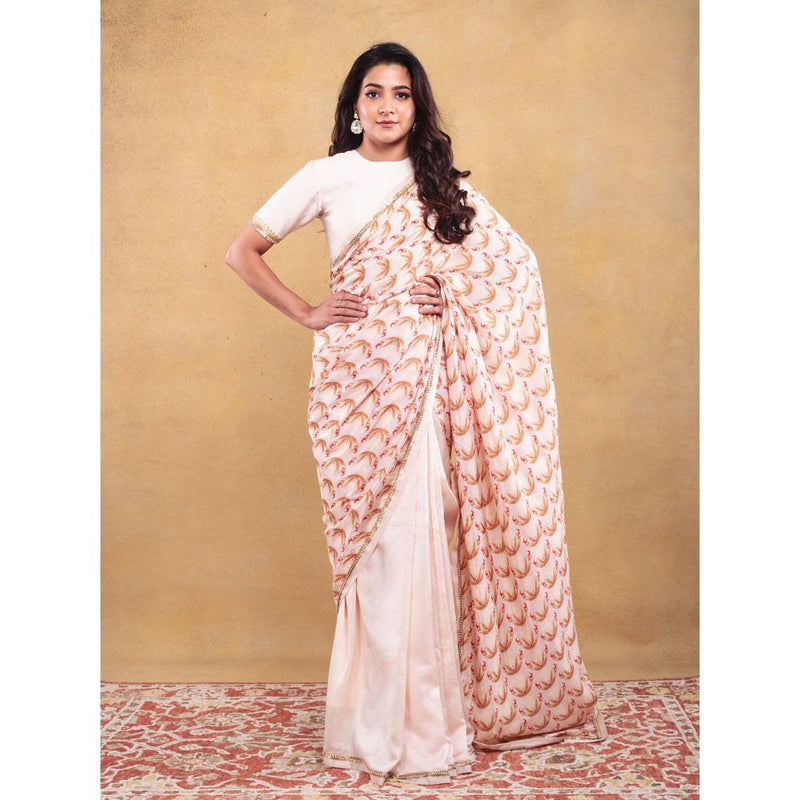 Vama Asher Ivory Motif Embroidered Saree with Unstitched Blouse