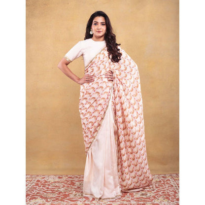 Vama Asher Ivory Motif Embroidered Saree with Unstitched Blouse