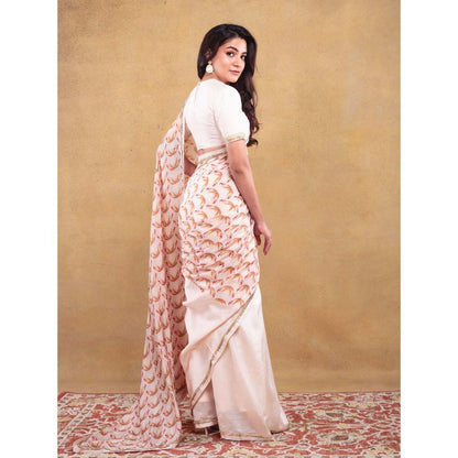 Vama Asher Ivory Motif Embroidered Saree with Unstitched Blouse