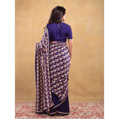 Vama Asher Navy Blue Motif Embroidered Saree with Unstitched Blouse