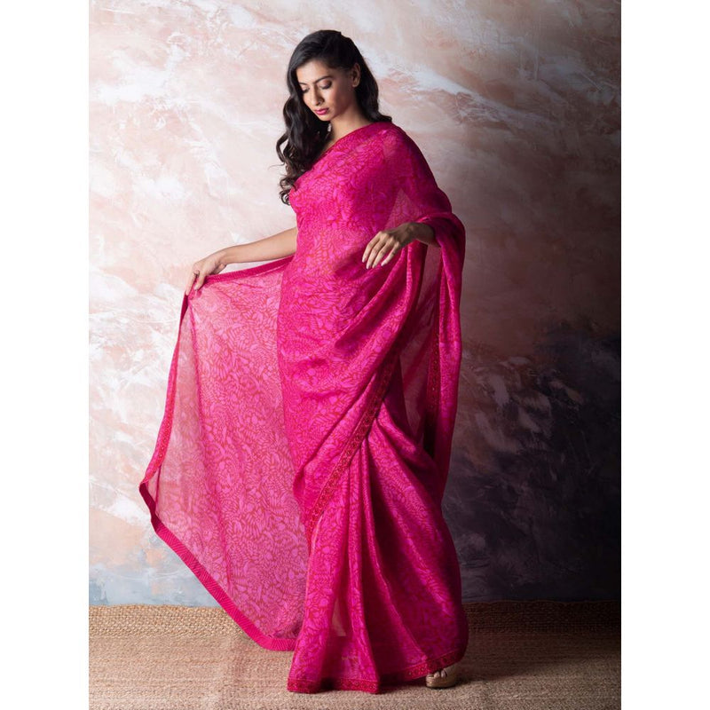 Vama Asher Cerise Pink Pomegranate Organza Saree with Unstitched Blouse