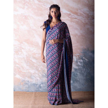 Vama Asher Navy Blue Bird Stripe Saree with Unstitched Blouse