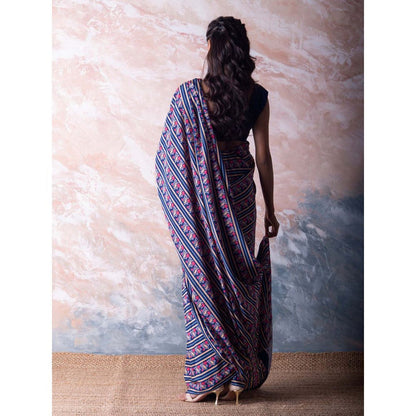 Vama Asher Navy Blue Bird Stripe Saree with Unstitched Blouse
