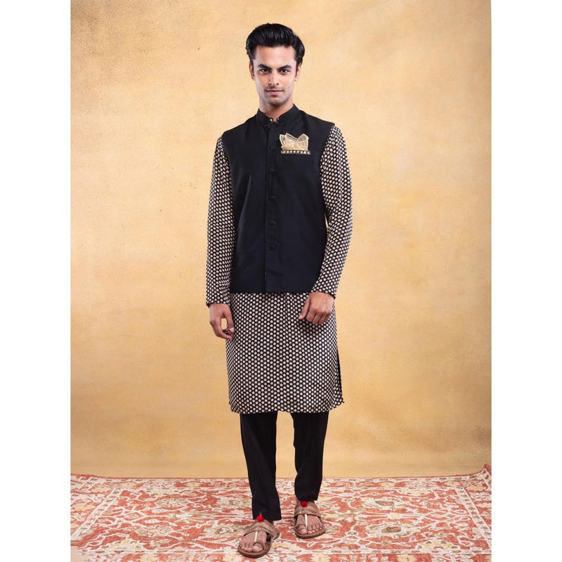 Vama Asher Black Printed Nehru Jacket & Kurta with Pant (Set of 3)