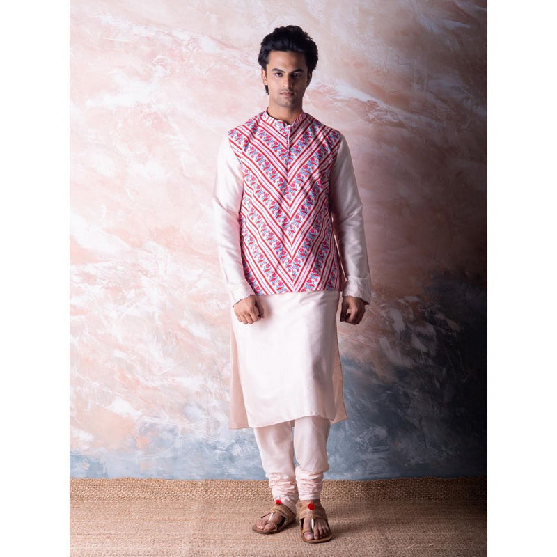 Vama Asher Blush Pink Stripe Nehru Jacket & Kurta with Churidar (Set of 3)