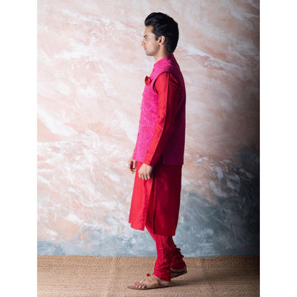 Vama Asher Red Pomegranate Nehru Jacket & Kurta with Churidar (Set of 3)
