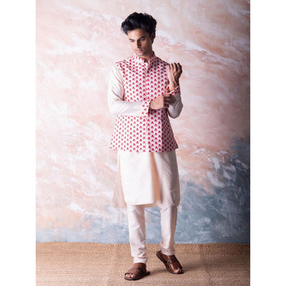 Vama Asher Off White Flower Butti Nehru Jacket & Kurta with Pant (Set of 3)