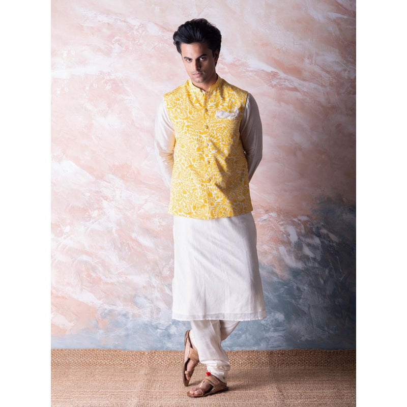 Vama Asher Canary Yellow Pomegranate Nehru Jacket & Kurta with Churidar (Set of 3)