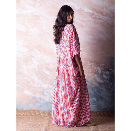 Vama Asher Red Bird Kaftan Dress with Slip (Set of 2)