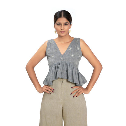 Vana Ethnics Sustainable Blue Ruffle Cotton Top