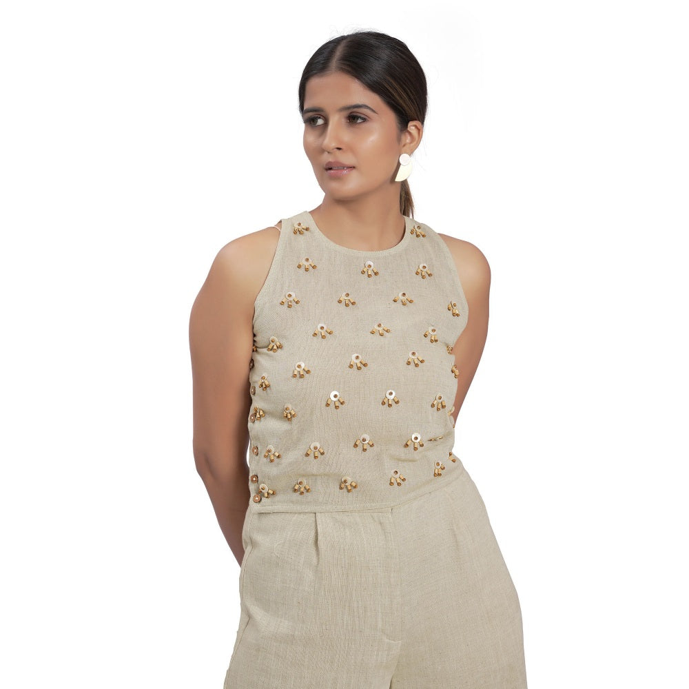 Vana Ethnics Sustainable Beige Cotton Sleeveless Top