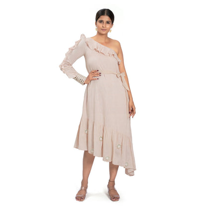 Vana Ethnics Sustainable Pink Cotton One Shoulder Calf Length Dress with Belt (Set of 2)