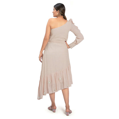 Vana Ethnics Sustainable Pink Cotton One Shoulder Calf Length Dress with Belt (Set of 2)