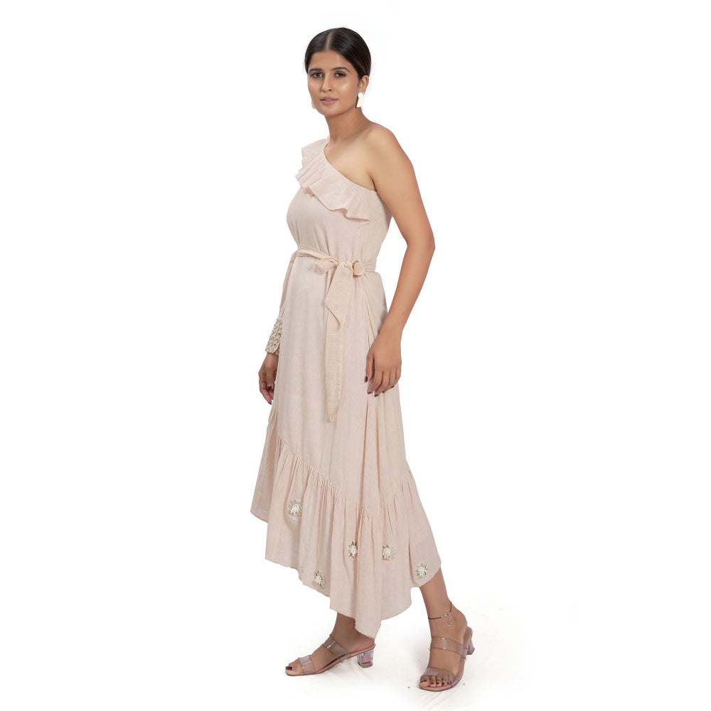 Vana Ethnics Sustainable Pink Cotton One Shoulder Calf Length Dress with Belt (Set of 2)