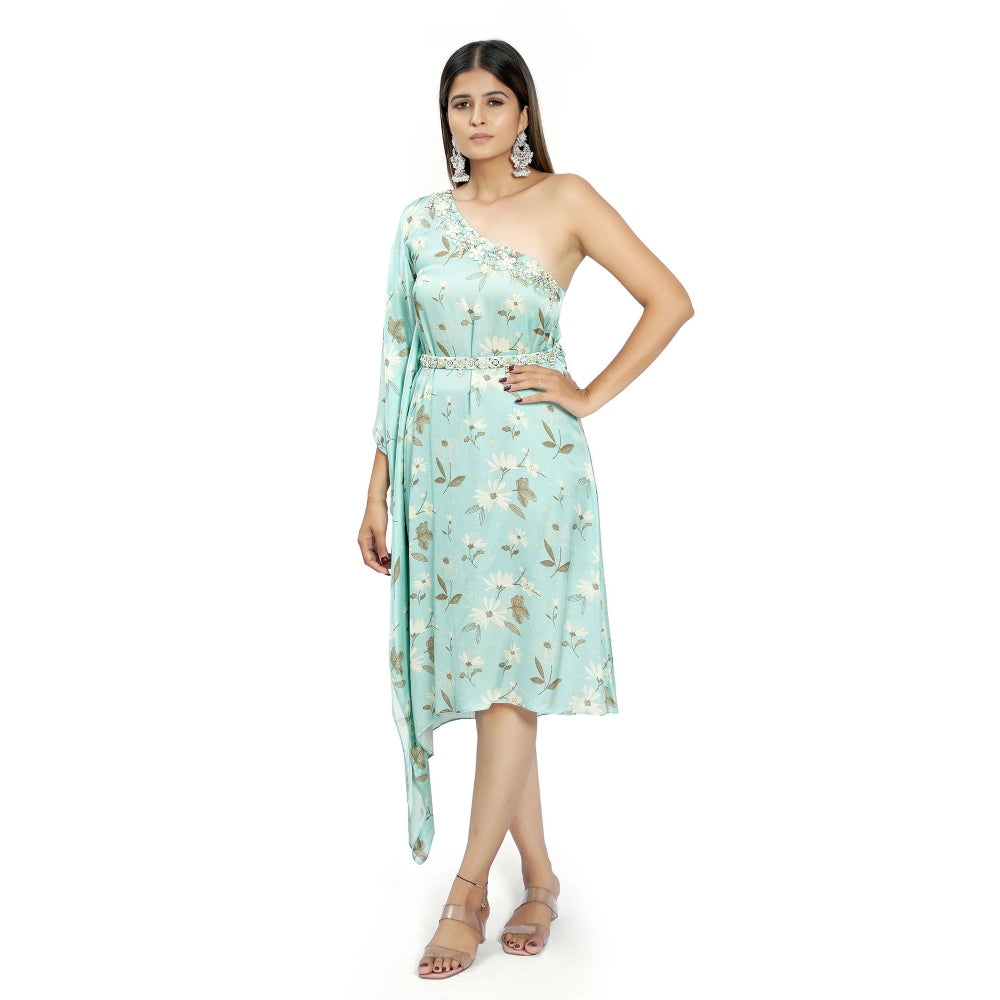 Vana Ethnics Pastel Blue One Shoulder Dress with Belt (Set of 2)