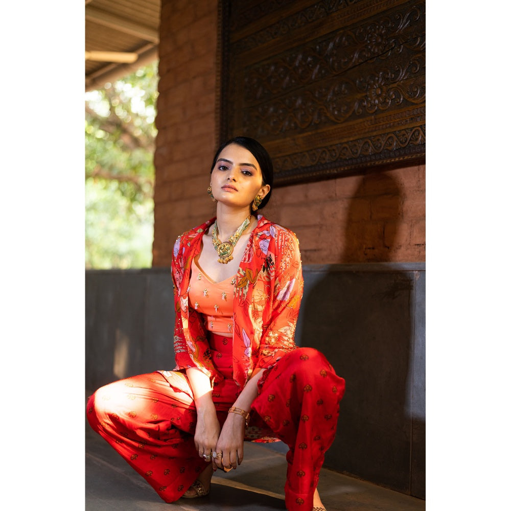 Vana Ethnics Red Palazzo with Bustier and Jacket (Set of 3)
