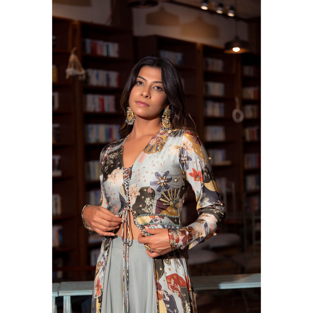 Vana Ethnics Ash Grey Printed Gown with Bustier and Palazzo (Set of 3)
