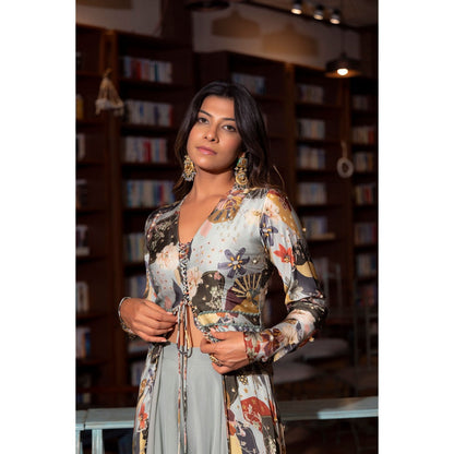 Vana Ethnics Ash Grey Printed Gown with Bustier and Palazzo (Set of 3)
