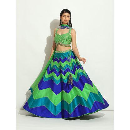 VANDANA SETHI Multicolored Chevron Lehenga in Peacock Hues (Set of 3)