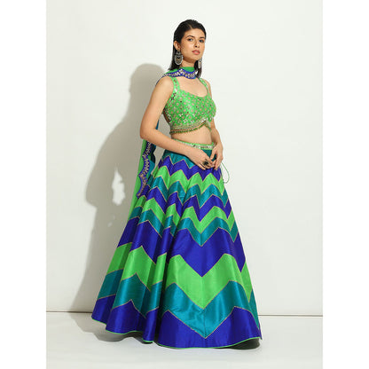 VANDANA SETHI Multicolored Chevron Lehenga in Peacock Hues (Set of 3)