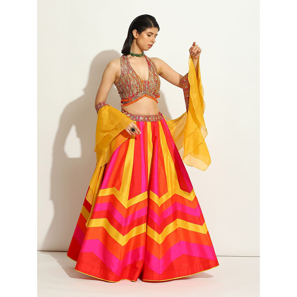 VANDANA SETHI Multicolored Lehenga with an Halter Brocade Blouse (Set of 3)