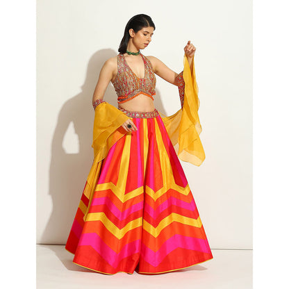 VANDANA SETHI Multicolored Lehenga with an Halter Brocade Blouse (Set of 3)