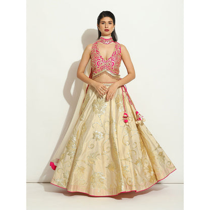 VANDANA SETHI Ivory Shimer Gold and Fuchsia Lehenga with a Halter Cut Blouse (Set of 3)