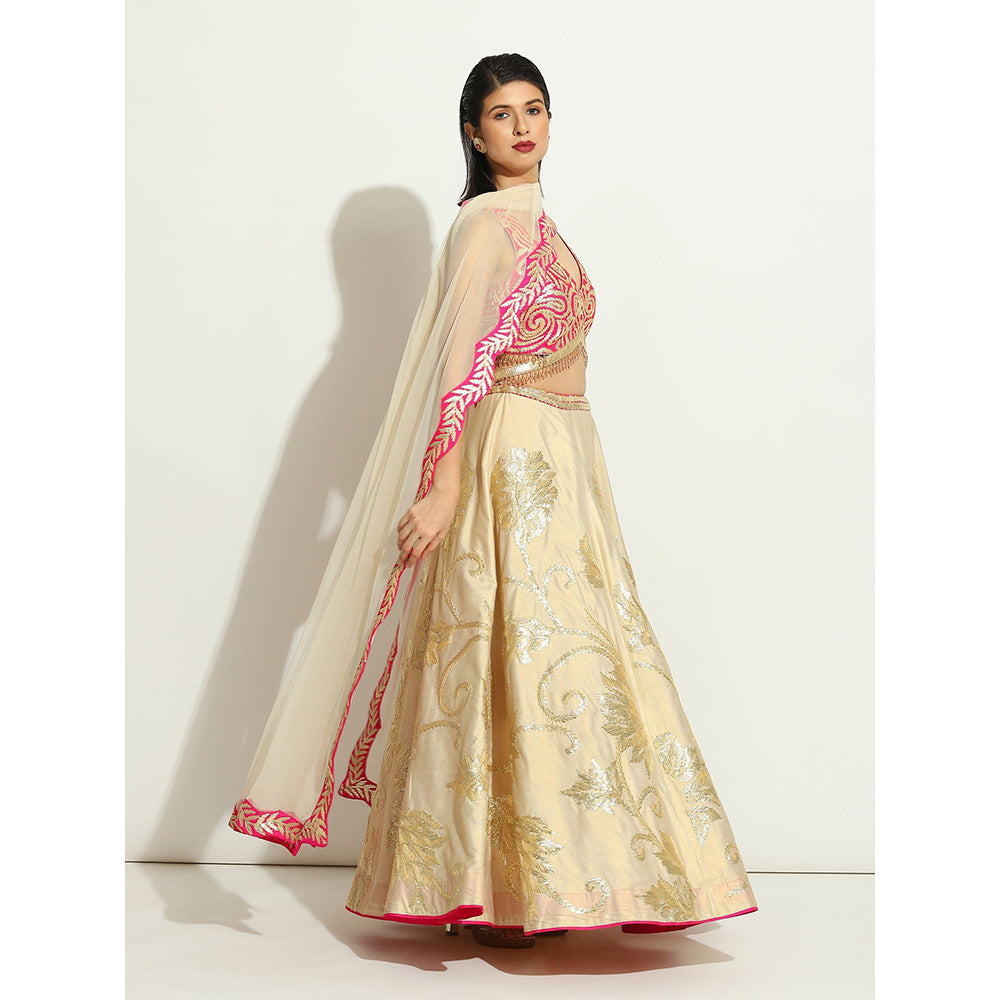 VANDANA SETHI Ivory Shimer Gold and Fuchsia Lehenga with a Halter Cut Blouse (Set of 3)