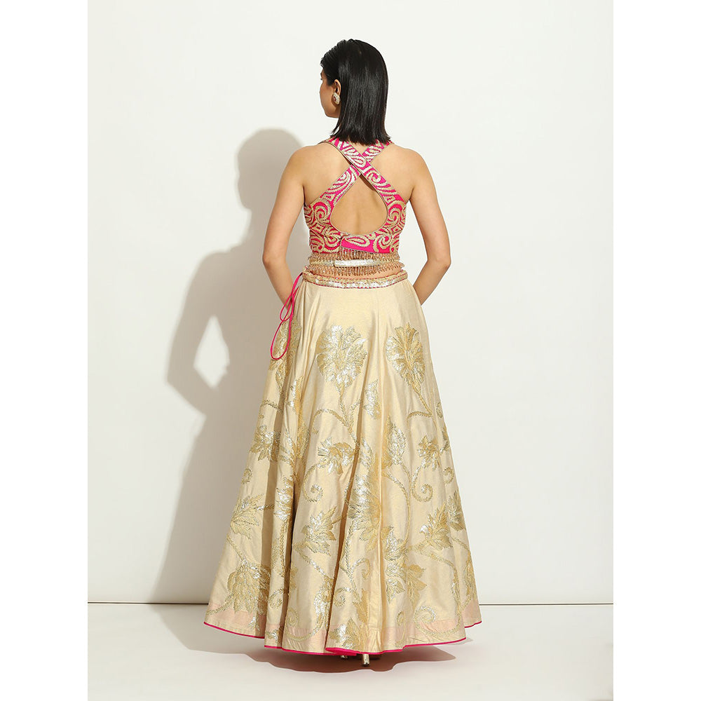 VANDANA SETHI Ivory Shimer Gold and Fuchsia Lehenga with a Halter Cut Blouse (Set of 3)