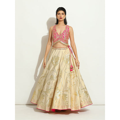 VANDANA SETHI Ivory Shimer Gold and Fuchsia Lehenga with a Halter Cut Blouse (Set of 3)