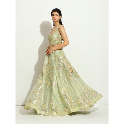 VANDANA SETHI Green Organza Lehenga with a Sleeveless Blouse (Set of 3)