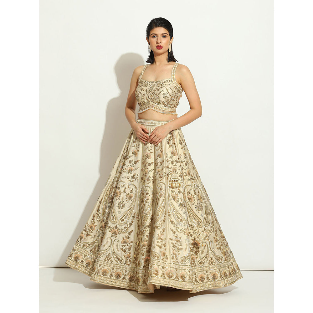 VANDANA SETHI Ivory Shimmer Raw Silk Lehenga with Zardozi and Sequin Work (Set of 3)