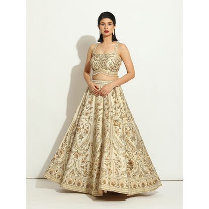 VANDANA SETHI Ivory Shimmer Raw Silk Lehenga with Zardozi and Sequin Work (Set of 3)