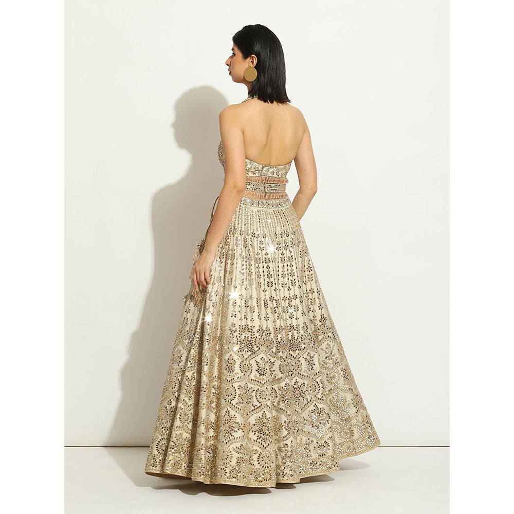 VANDANA SETHI Mirror Work Lehenga with a Halter Blouse and a Scalloped Dupatta (Set of 3)