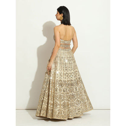 VANDANA SETHI Mirror Work Lehenga with a Halter Blouse and a Scalloped Dupatta (Set of 3)