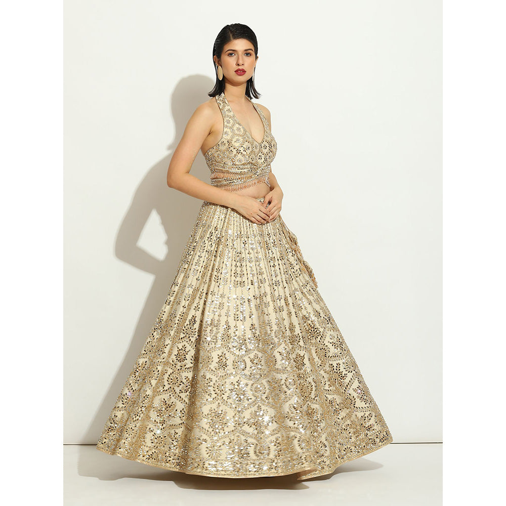 VANDANA SETHI Mirror Work Lehenga with a Halter Blouse and a Scalloped Dupatta (Set of 3)