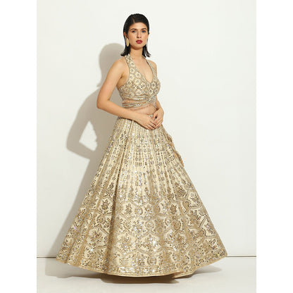 VANDANA SETHI Mirror Work Lehenga with a Halter Blouse and a Scalloped Dupatta (Set of 3)
