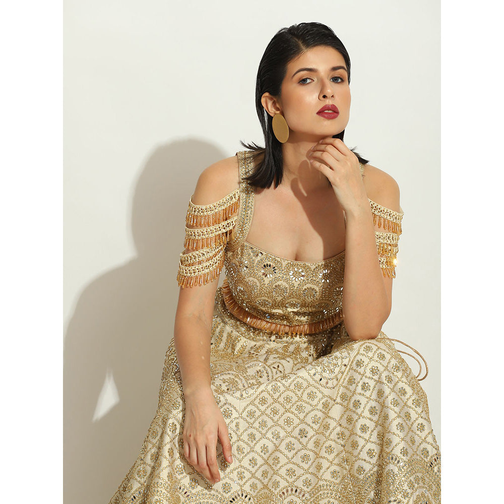 VANDANA SETHI Ivory Shimmer Lehenga in Raw Silk with a Trinket Sleeved Blouse (Set of 3)
