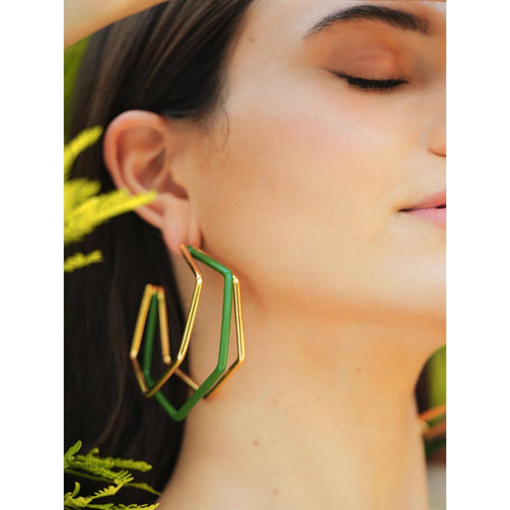 VARNIKA ARORA Xl Trio Green Enamel Gold Hoops