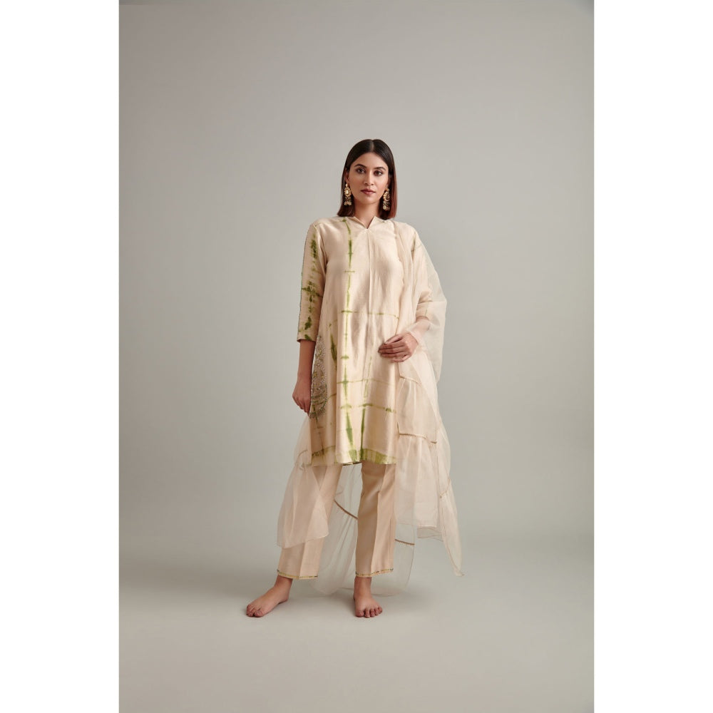 Vedika Soni Beige Tie And Dye Kurta with Pant and Dupatta (Set of 3)